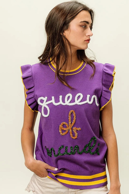 BiBi Queen Of Mardi Ruffled Armhole Sleeveless Knit Top