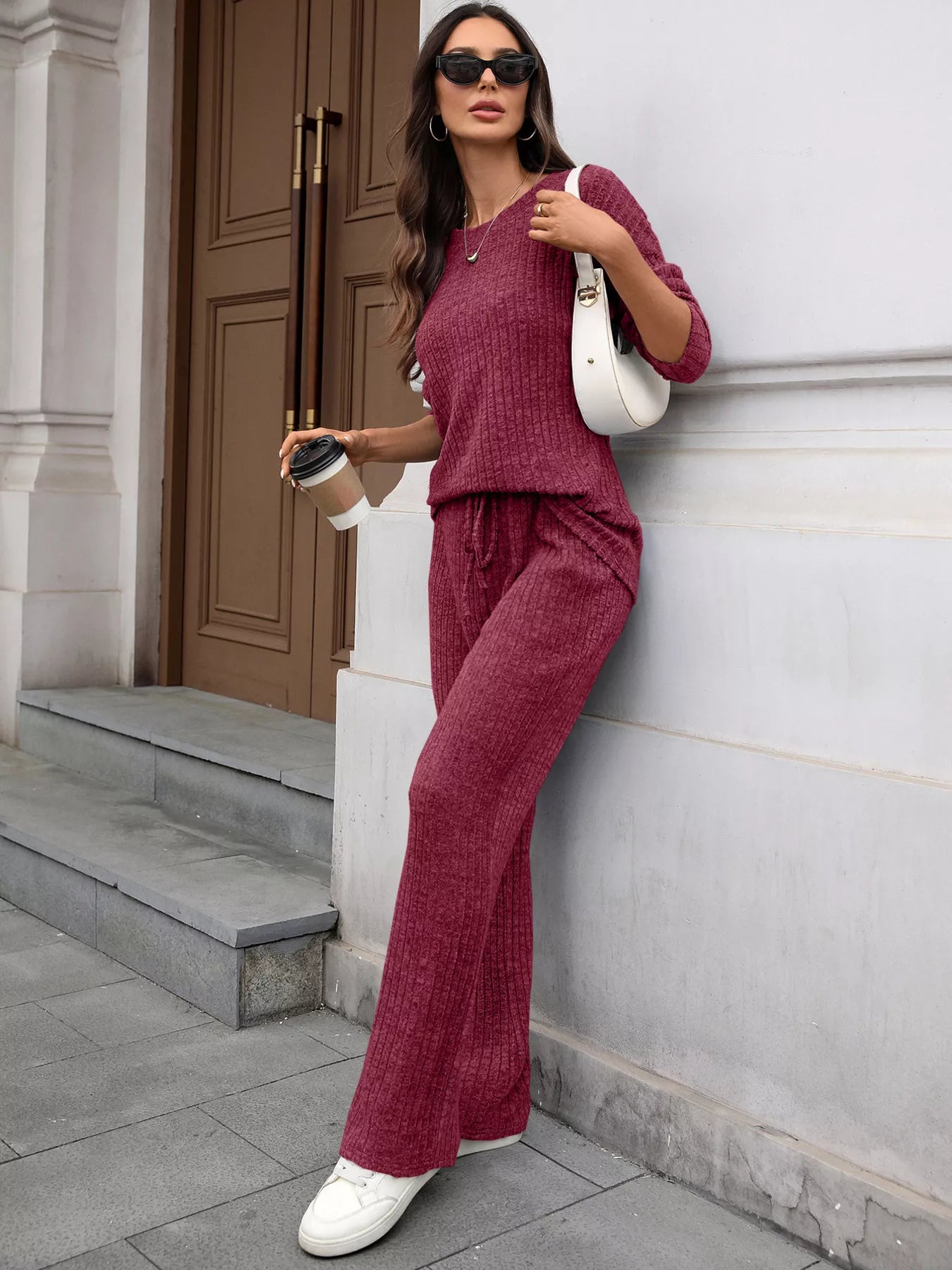 Ribbed Round Neck Top and Pants Set NicholesGifts