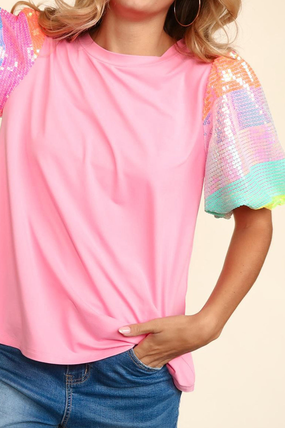 Sequin Round Neck Short Sleeve Blouse nicholesgifts