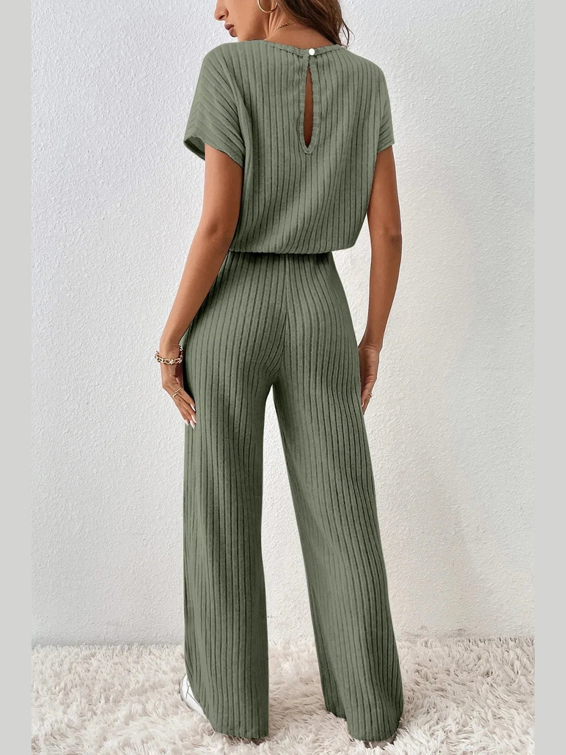 Ribbed Short Sleeve Wide Leg Jumpsuit nicholesgifts