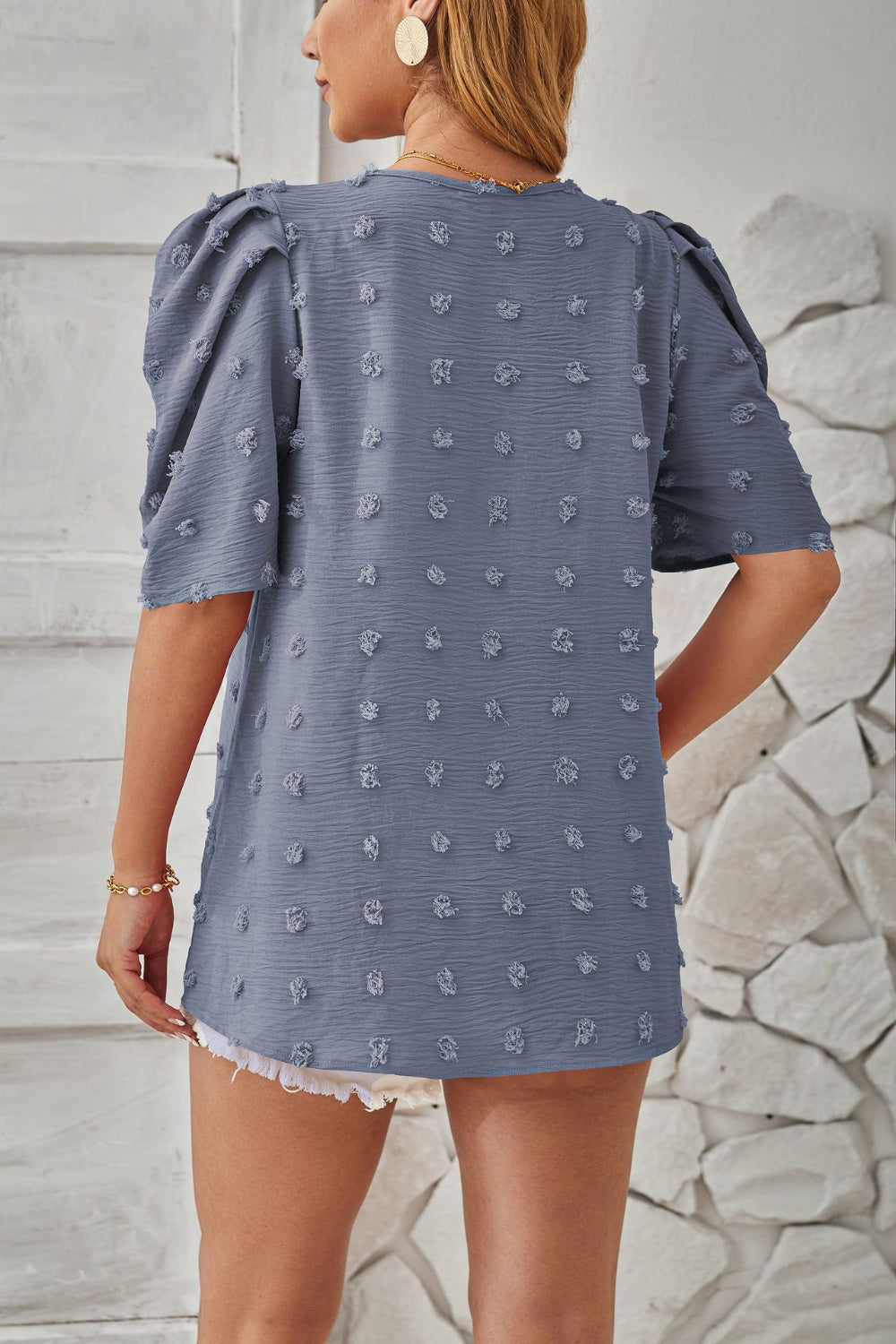 Swiss Dot Round Neck Short Sleeve Blouse nicholesgifts