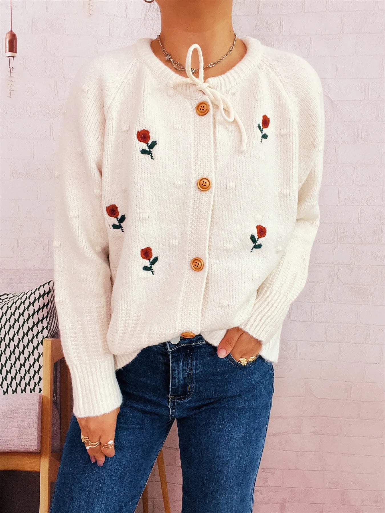 Rose Embroidered Button-Up Cardigan