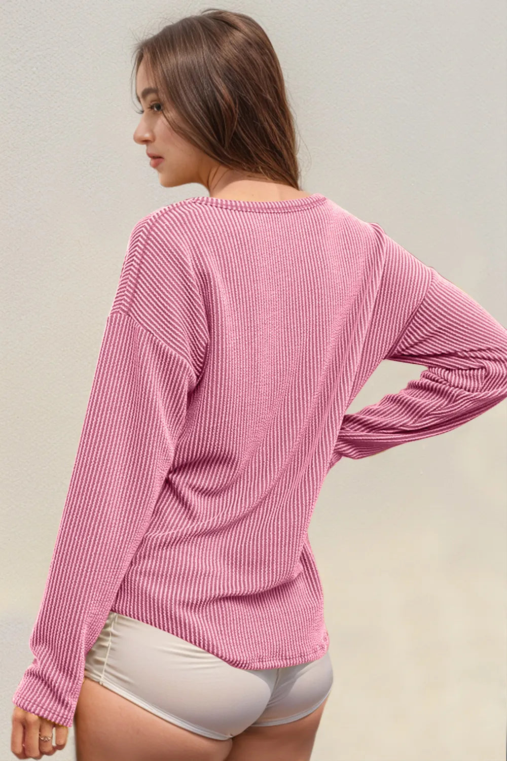 Double Take Striped Notched Long Sleeve T-Shirt NicholesGifts