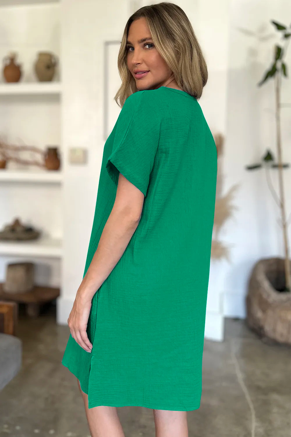 FAM-FAM Slit Notched Short Sleeve Mini Dress Trendsi