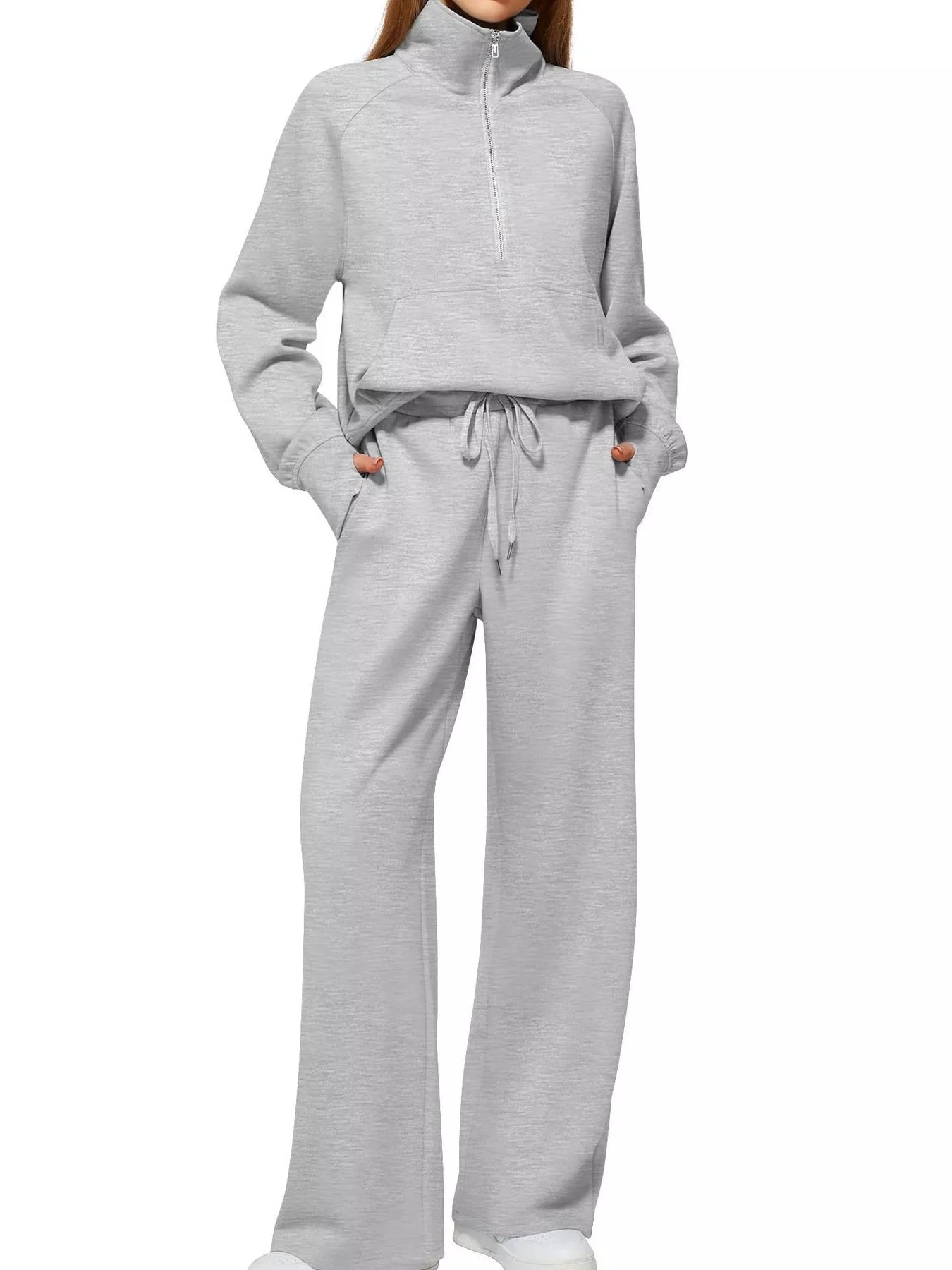 Full Size Half-Zip Sweatshirt and Wide-Leg Pants Set Plus Size Trendsi