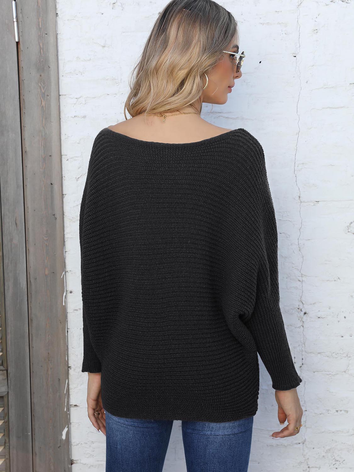 Full Size Horizontal Ribbing Dolman Sleeve Sweater Trendsi