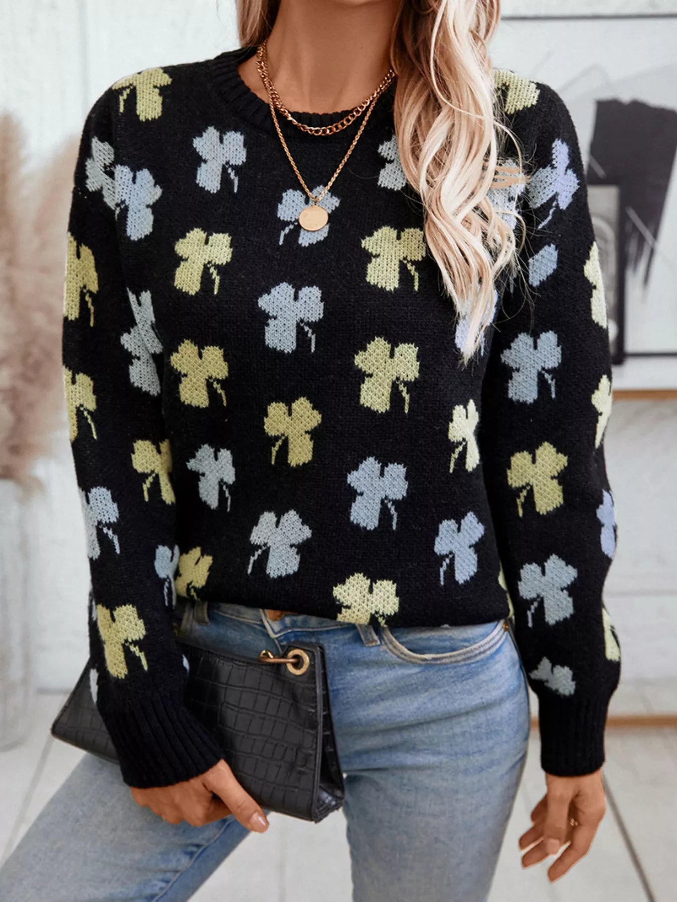 Clover Round Neck Long Sleeve Sweater Trendsi