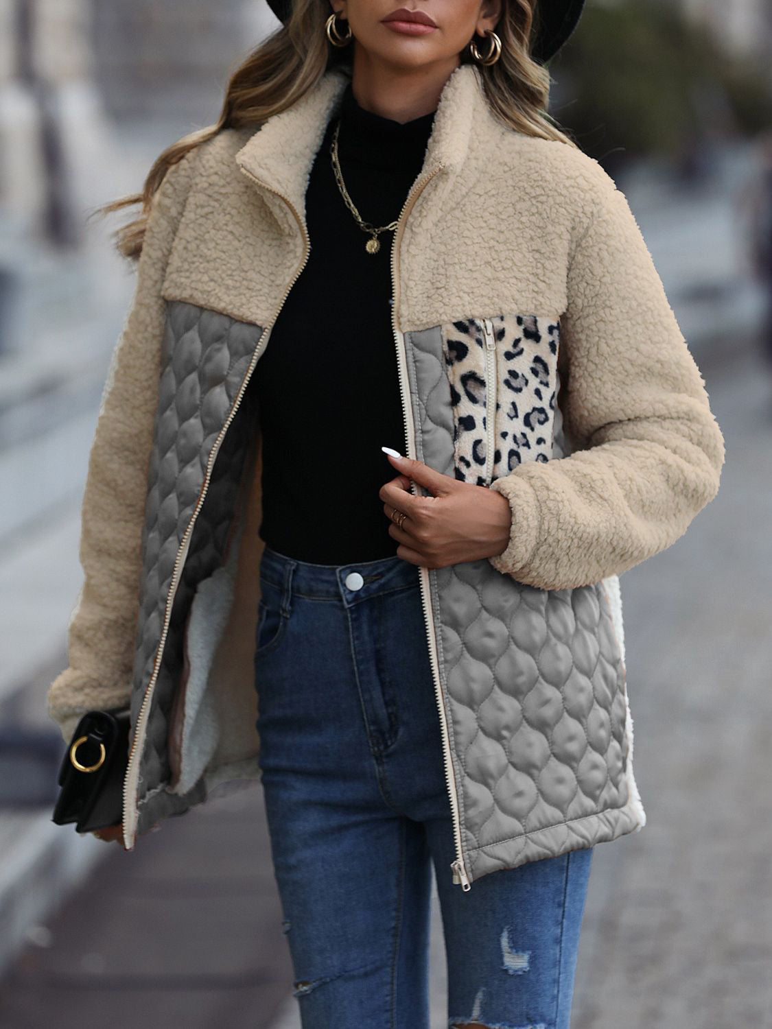 Leopard Color Block Zip-Up Jacket nicholesgifts