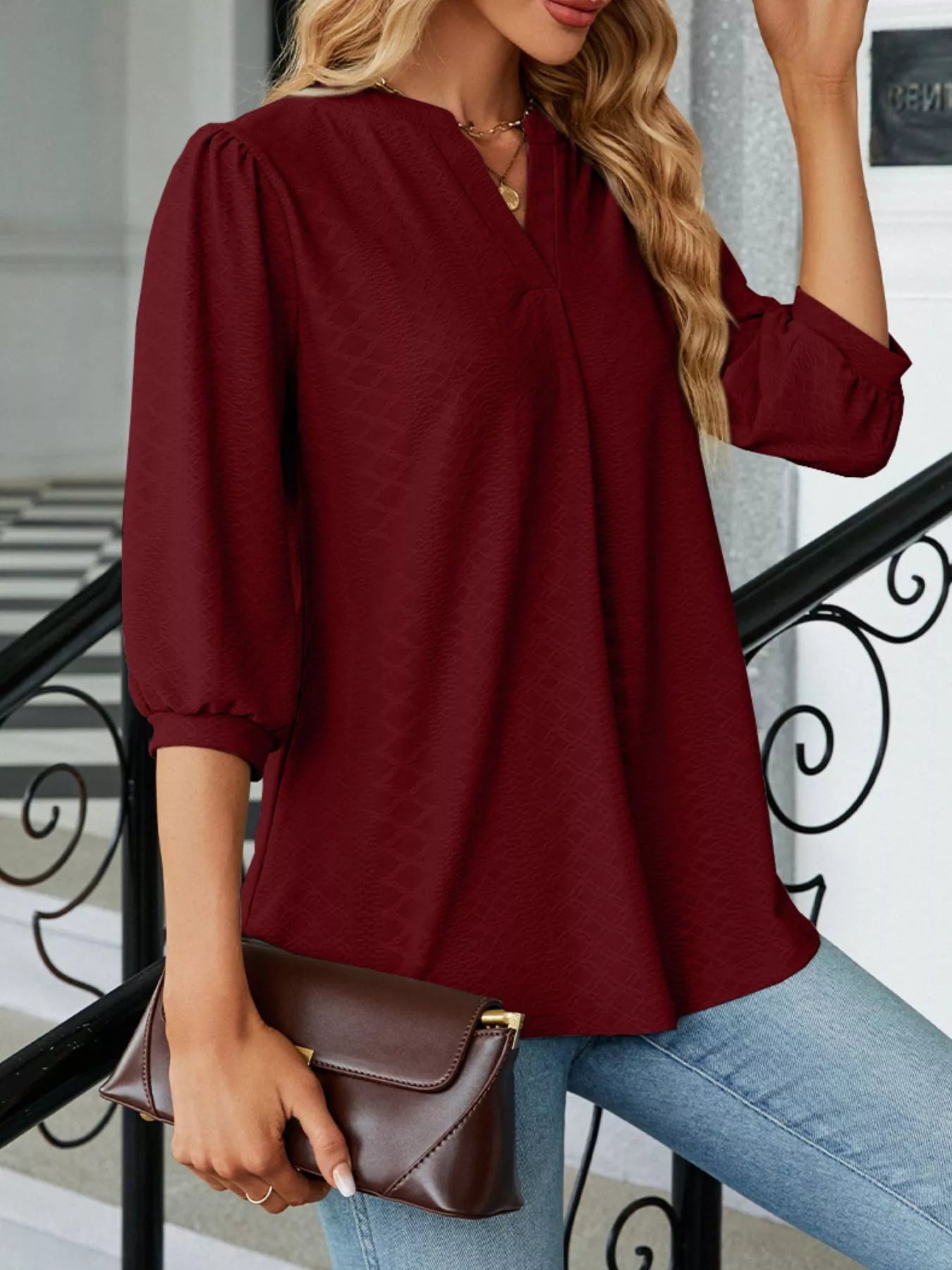 Notched 3/4 Sleeve Casual Top Trendsi