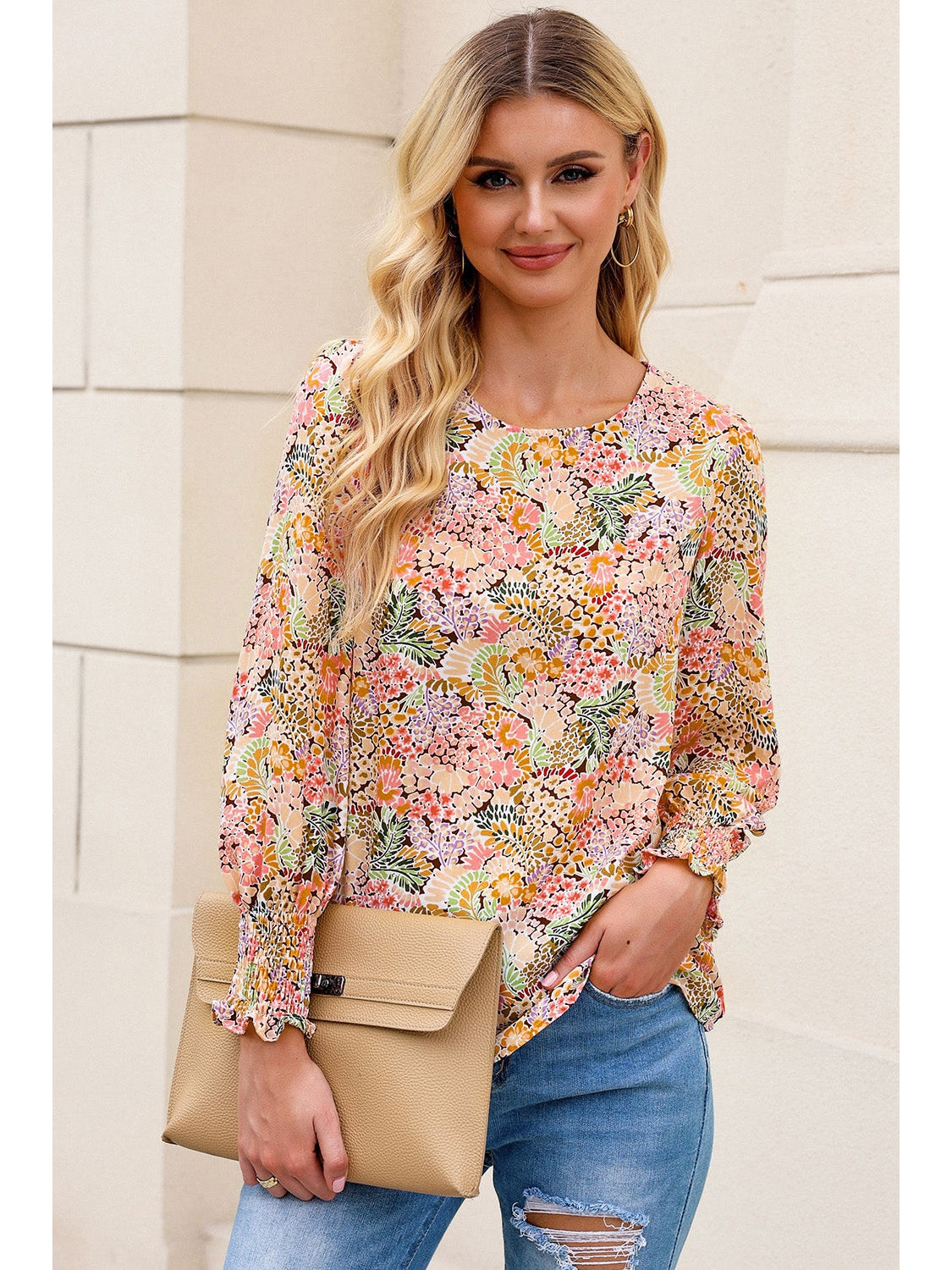 Women Floral Print Long Puff Sleeve Blouse nicholesgifts