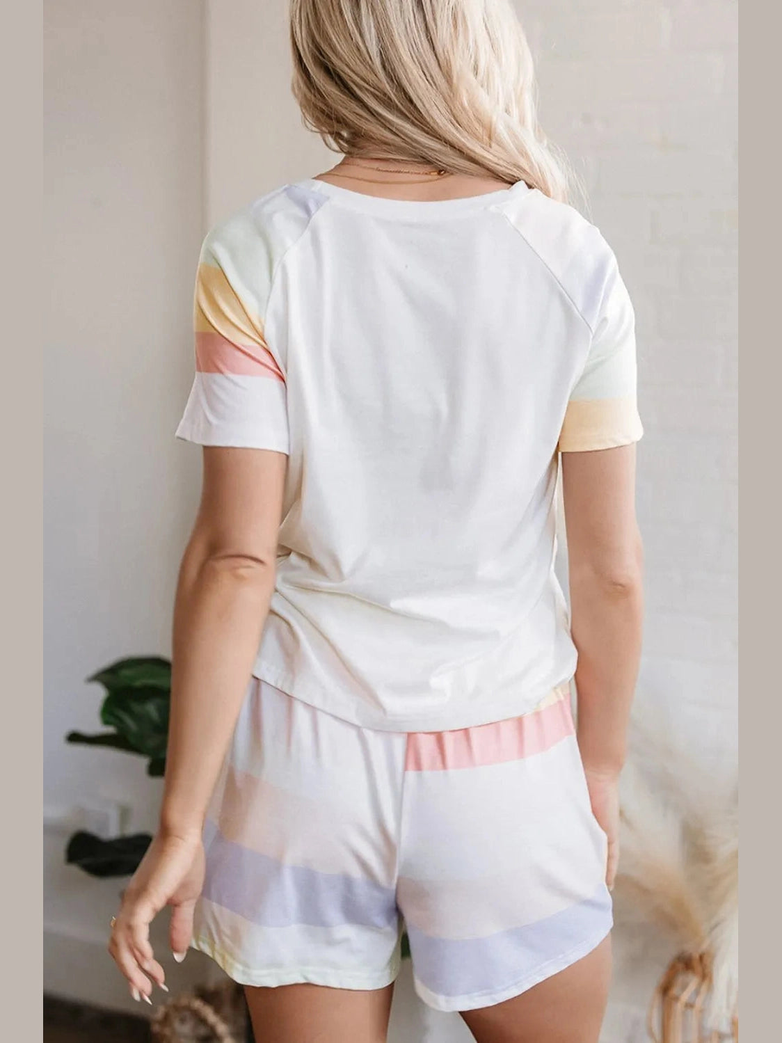 Rainbow Striped Round Neck T Shirt and Shorts Lounge Set nicholesgifts