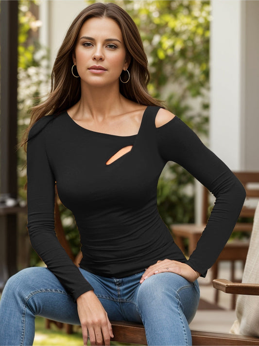 Women Cutout Asymmetrical Neck Long Sleeve T-Shirt nicholesgifts