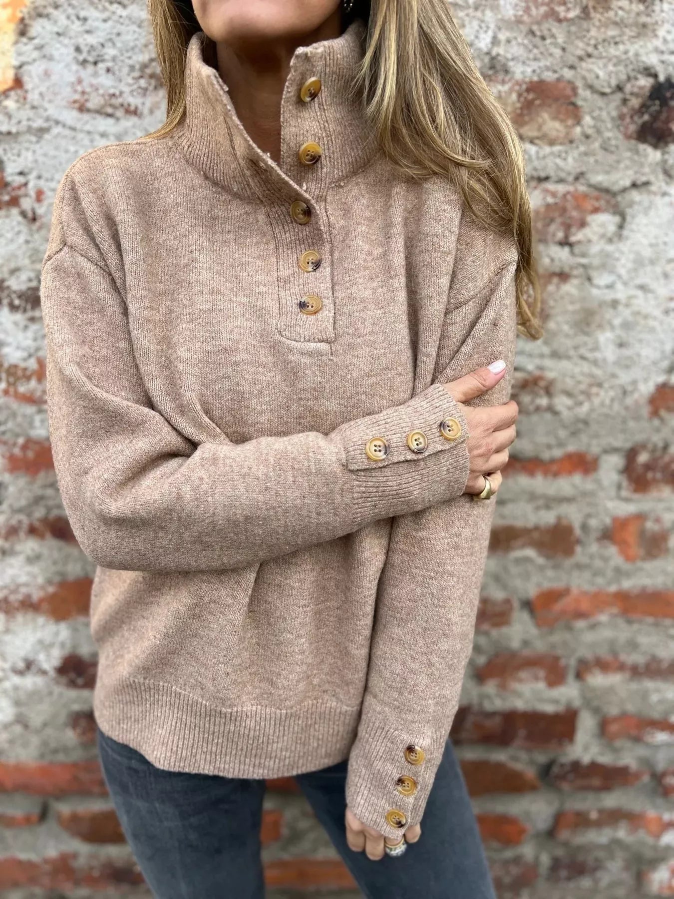 Full Size Button-Detail Turtleneck Sweater Plus Size