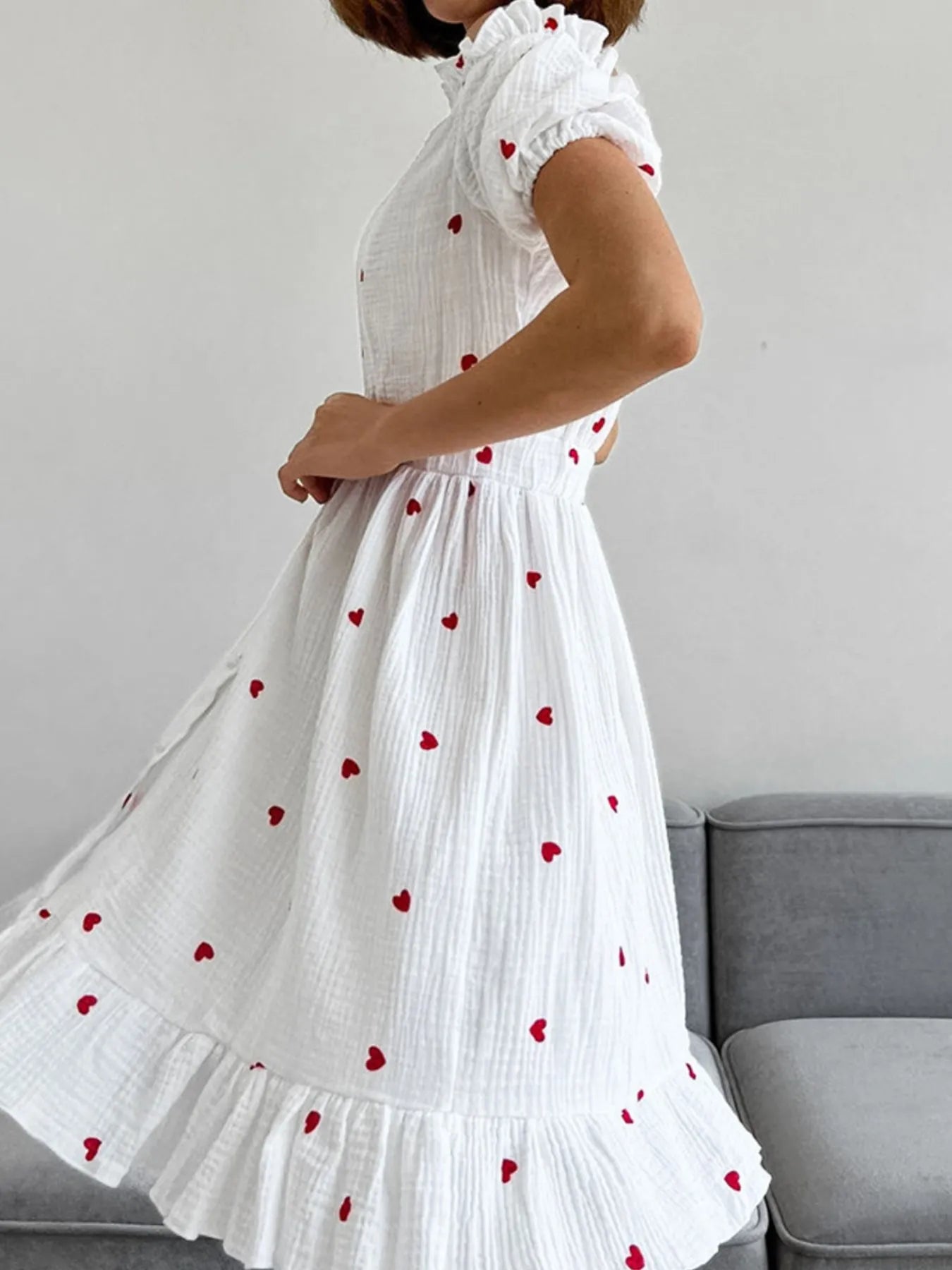 Heart Printed Off-Shoulder Ruffle Mini Dress NicholesGifts