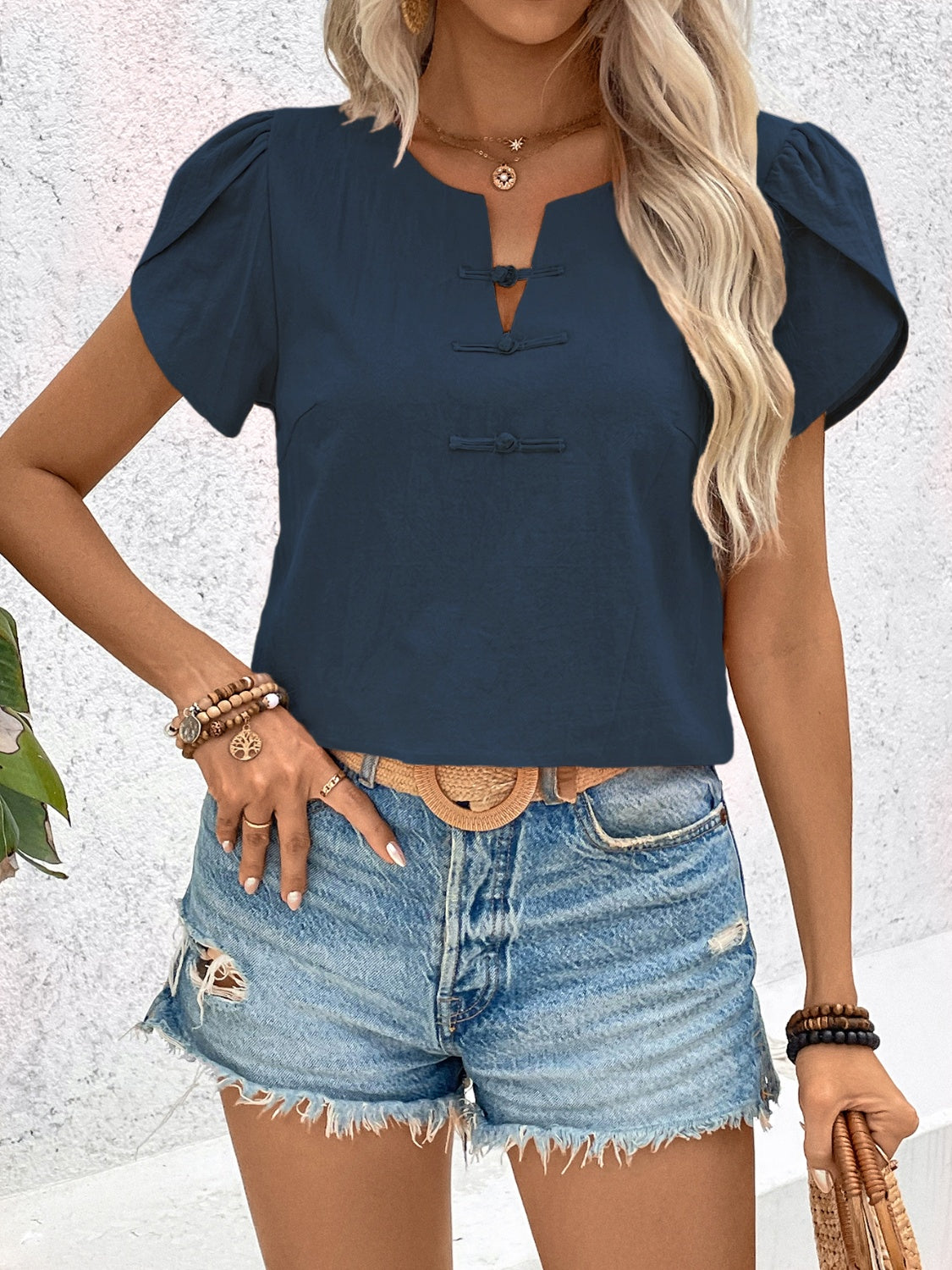 Notched Short Sleeve Blouse nicholesgifts