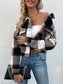 Women Perfee Plaid Button Up Drop Shoulder Cropped Jacket nicholesgifts