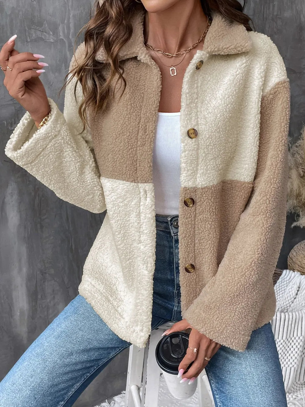 Perfee Color Block Collared Neck Long Sleeve Jacket Trendsi