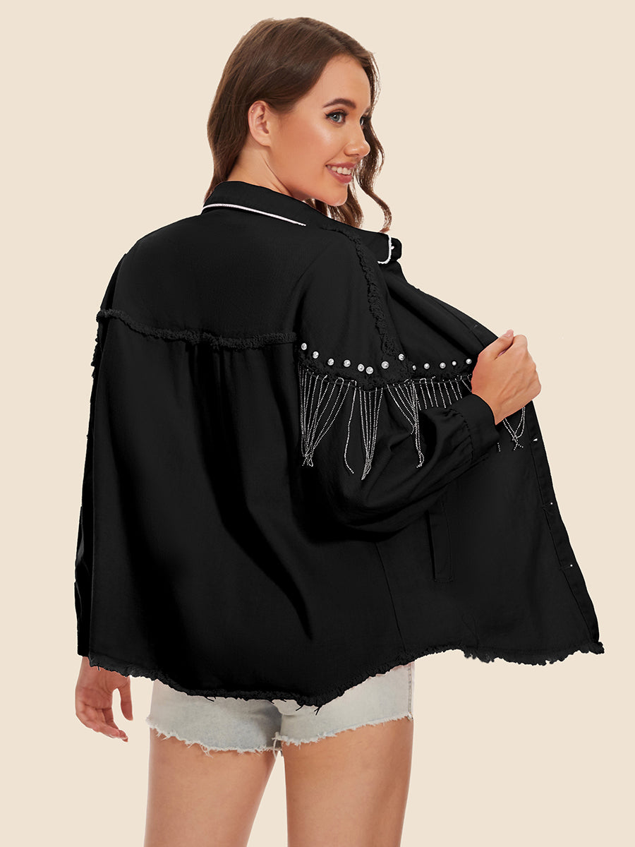 Raw Hem Fringe Detail Denim Jacket nicholesgifts