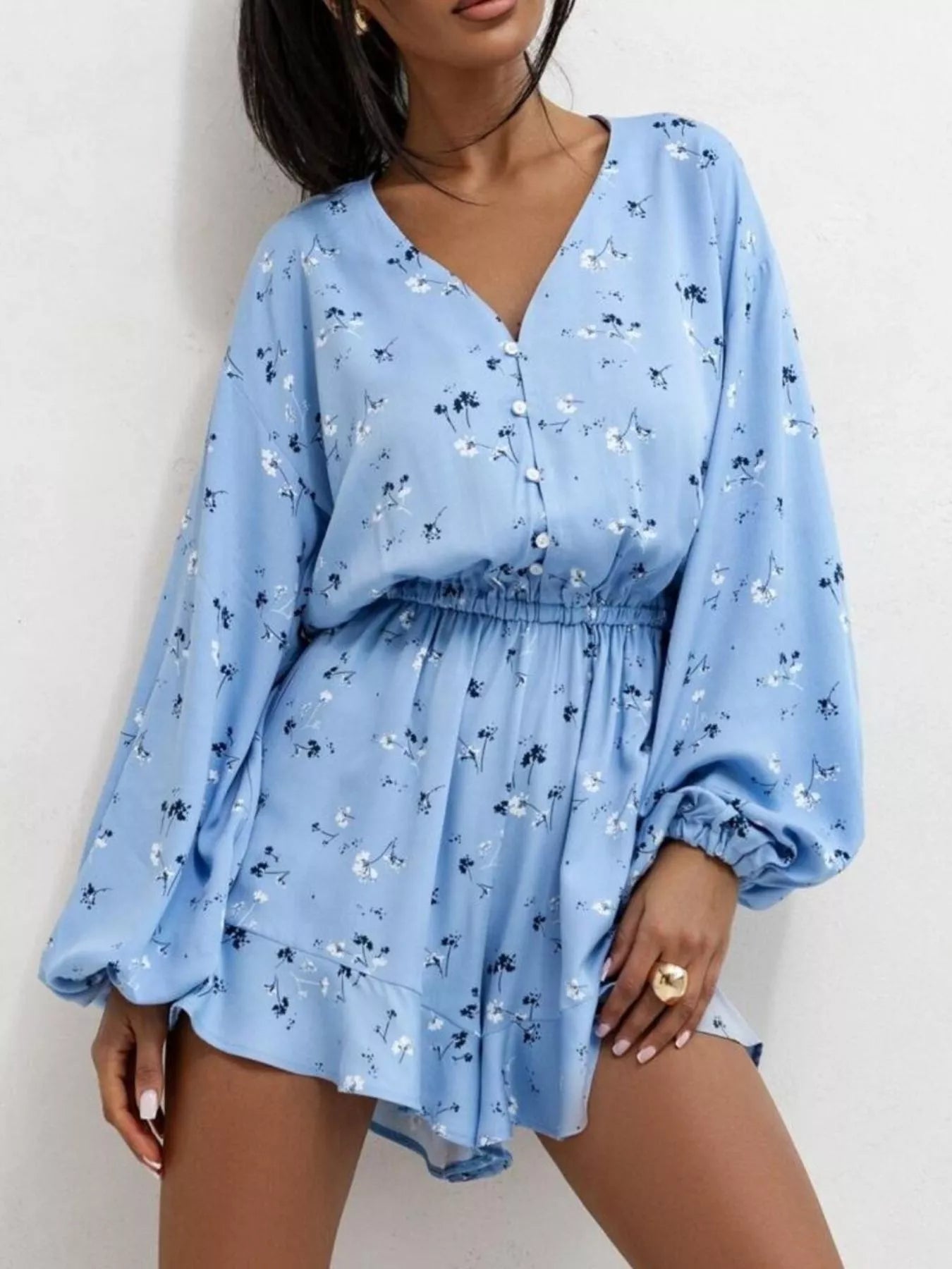 Floral V-Neck Long Sleeve Romper with Elastic Waist nicholesgifts