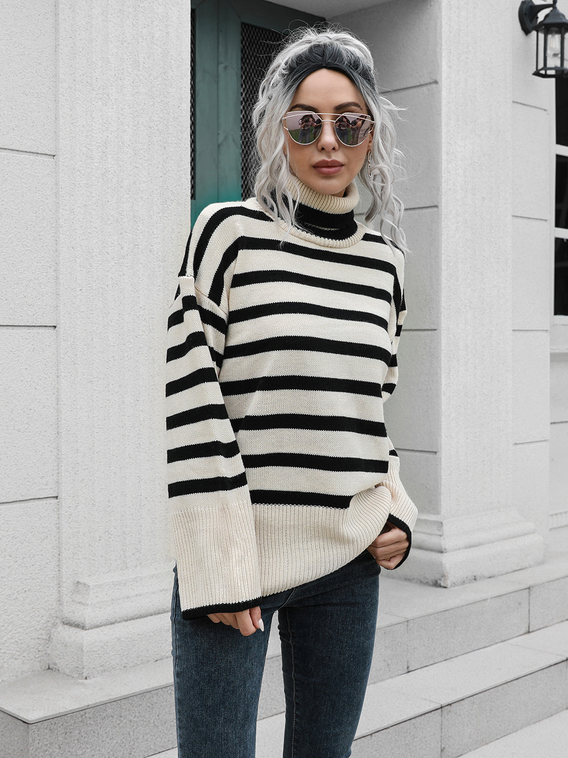 Striped Slit Turtleneck Drop Shoulder Sweater nicholesgifts