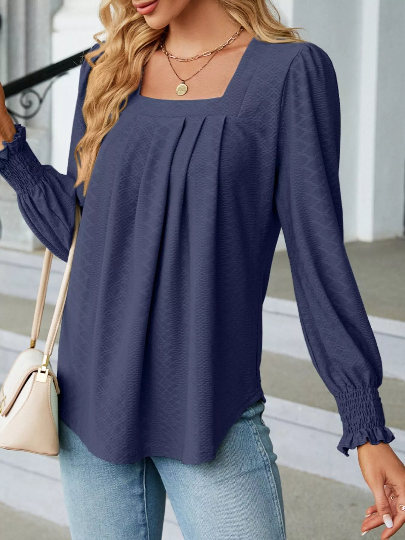 Pleated Square Neck Long Sleeve Top Trendsi