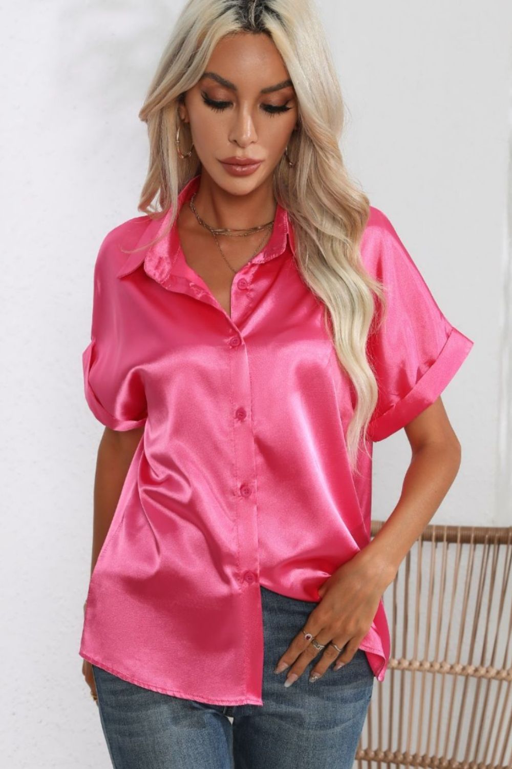 Women Collared Neck Short Sleeve Shirt nicholesgifts