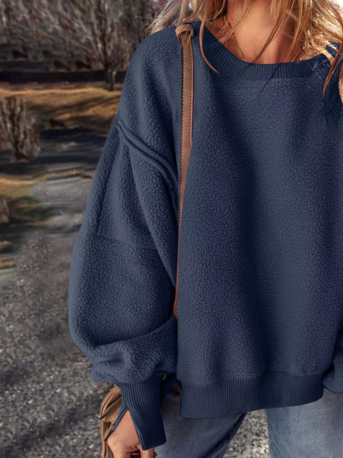 Round Neck Dropped Shoulder Sweatshirt Trendsi