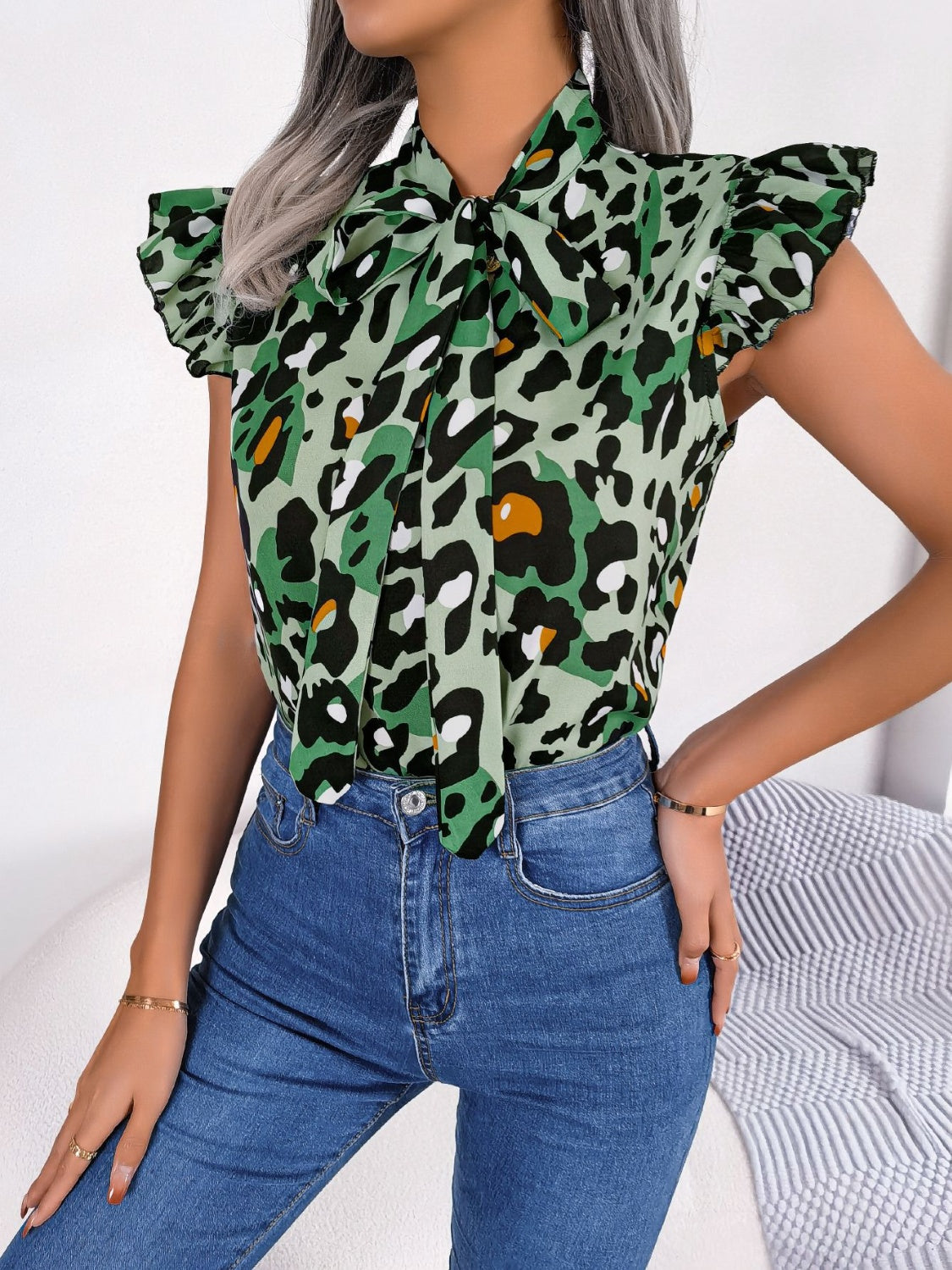 Leopard Tie Neck Cap Sleeve Blouse nicholesgifts