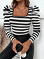 Women Striped Square Neck Puff Long Sleeve T-Shirt nicholesgifts