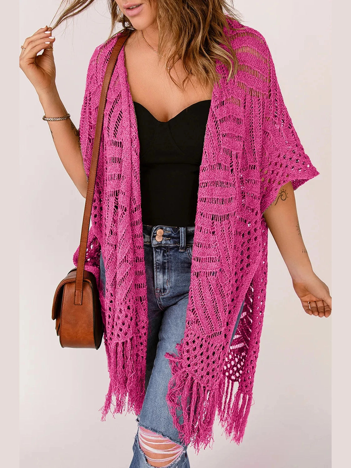 Openwork Open Front Cardigan with Fringes nicholesgifts