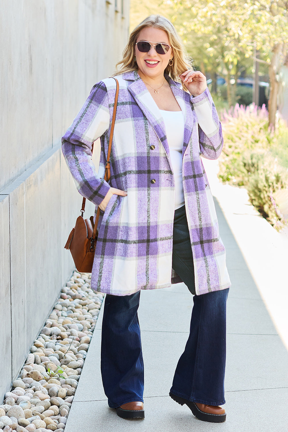 Double Take Full Size Plaid Button Up Lapel Collar Coat nicholesgifts