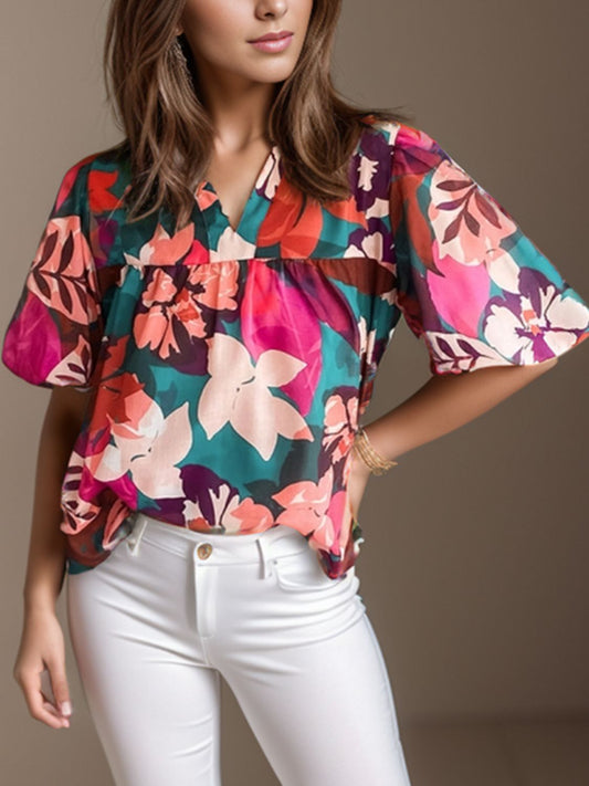 Printed Notched Puff Sleeve Blouse nicholesgifts