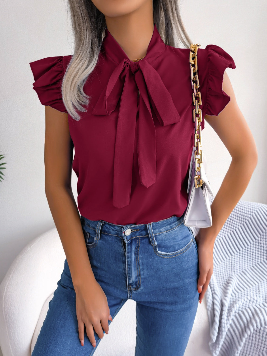 Tie Neck Cap Sleeve Blouse nicholesgifts