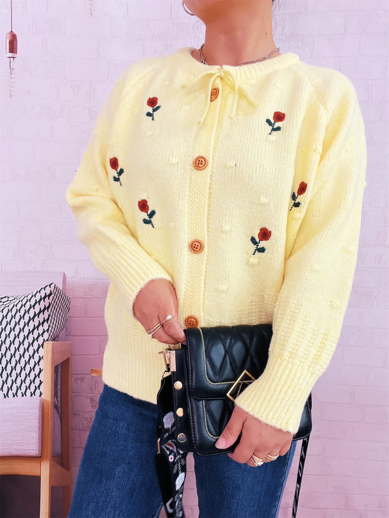 Rose Embroidered Button-Up Cardigan