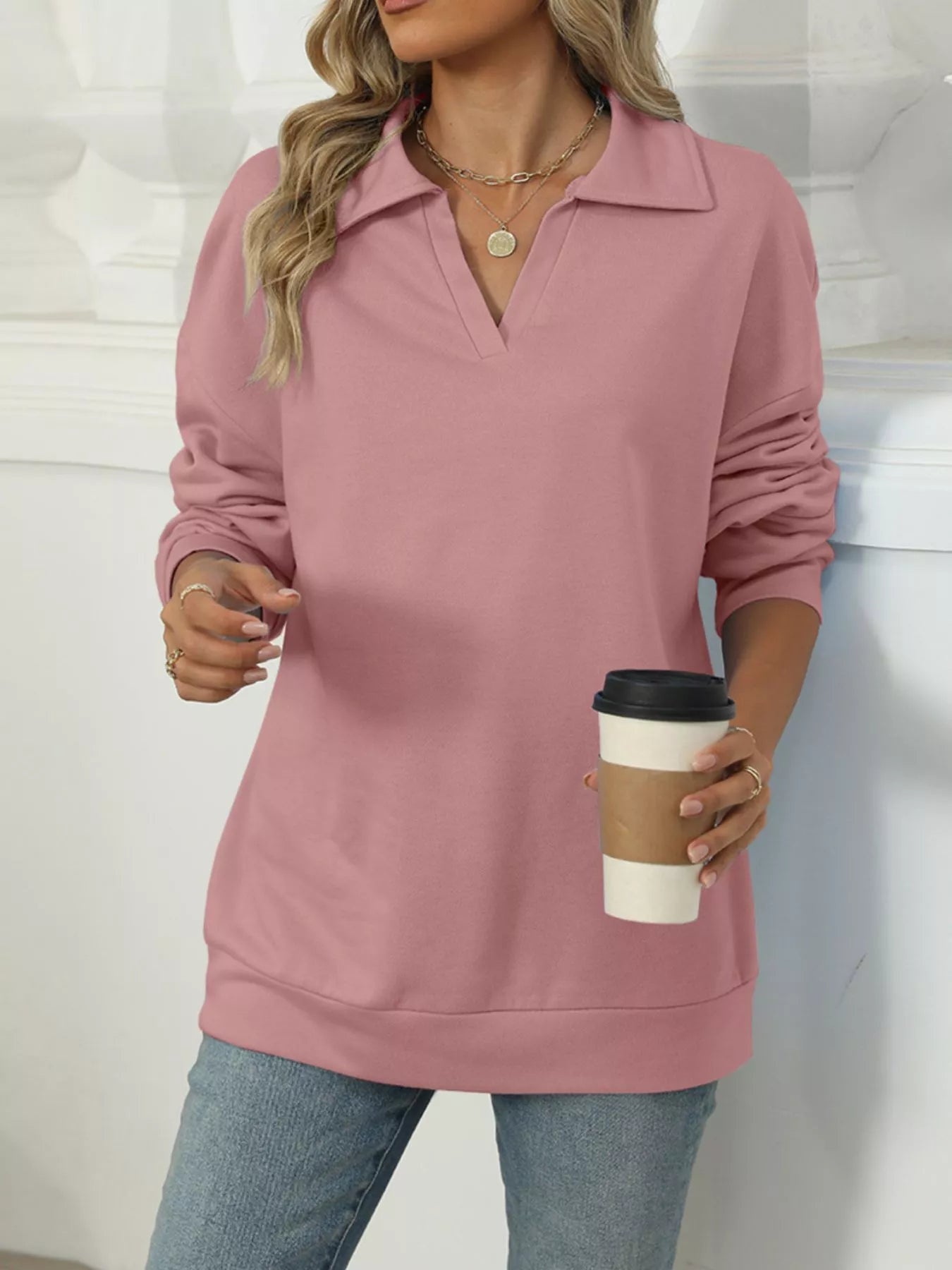 Johnny Collar Long Sleeve Sweatshirt Trendsi