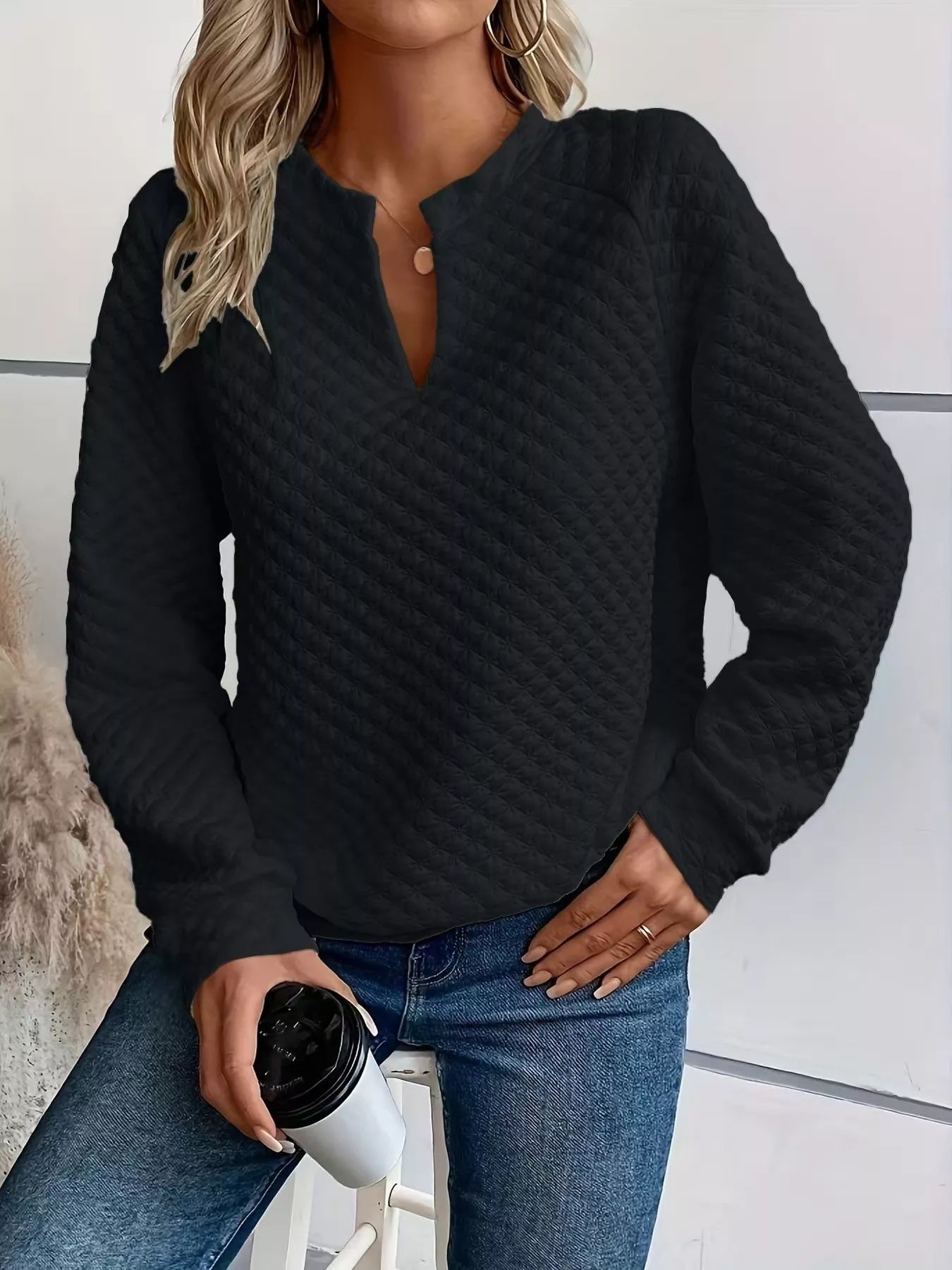 Notched Raglan Sleeve Sweatshirt Trendsi