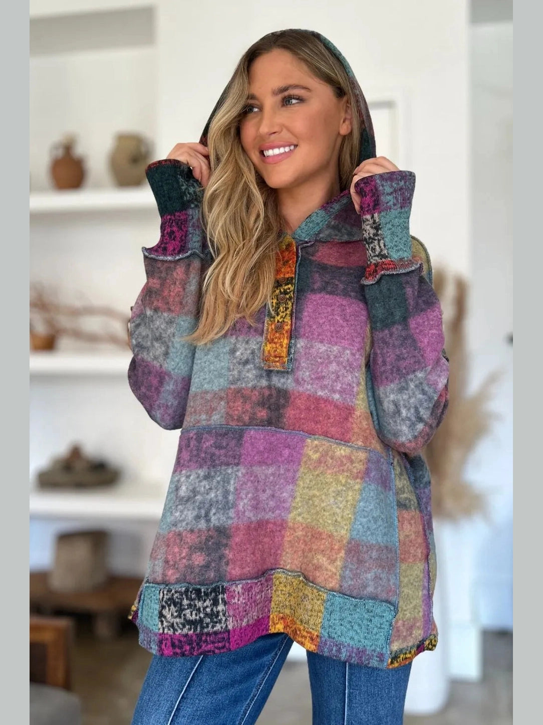 Double Take Full Size Plaid Dropped Shoulder Fleece Hoodie Trendsi