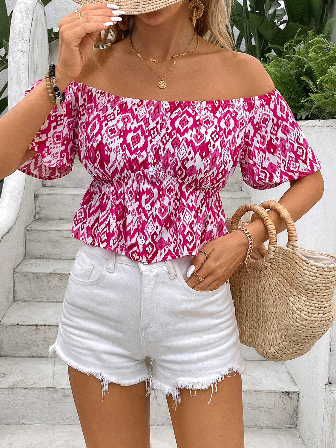 Peplum Printed Off-Shoulder Short Sleeve Blouse nicholesgifts