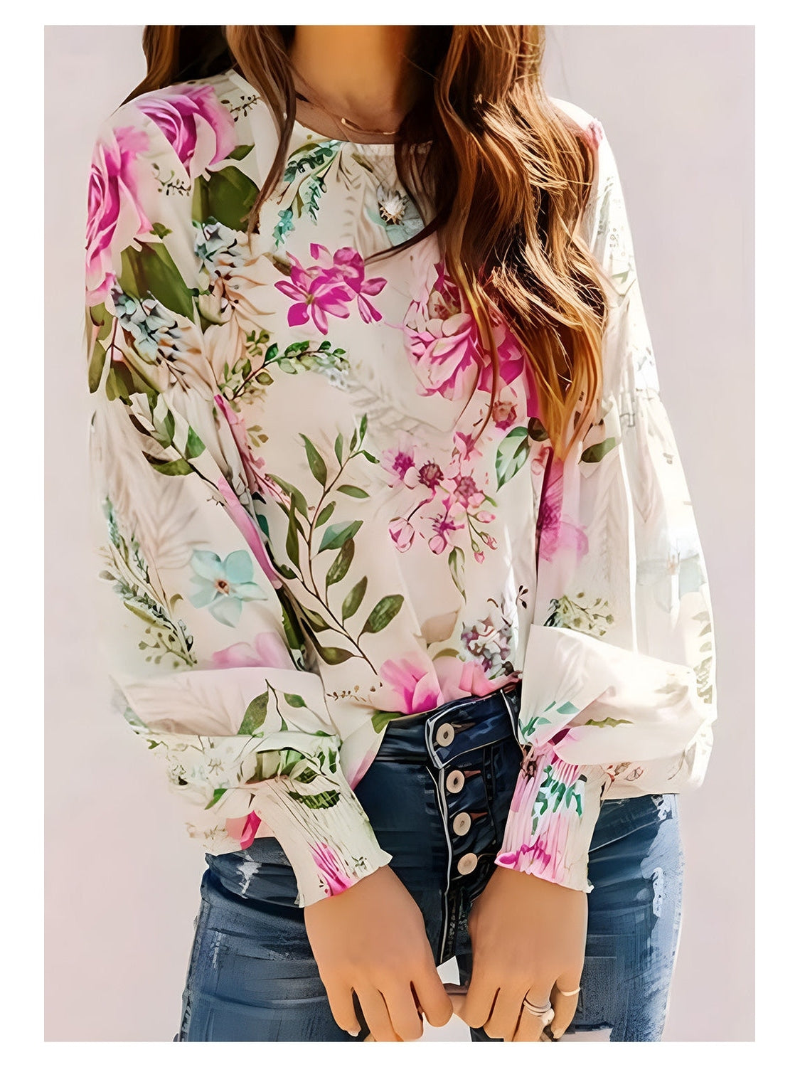 Women Printed Round Neck Lantern Sleeve Blouse nicholesgifts