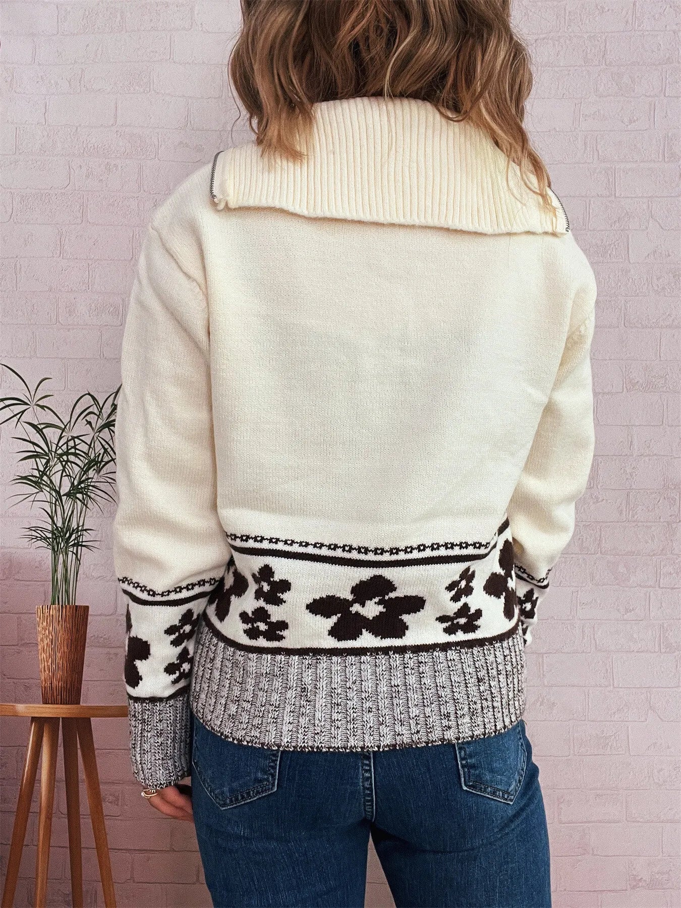 Flower Zip Collar Long Sleeve Sweater