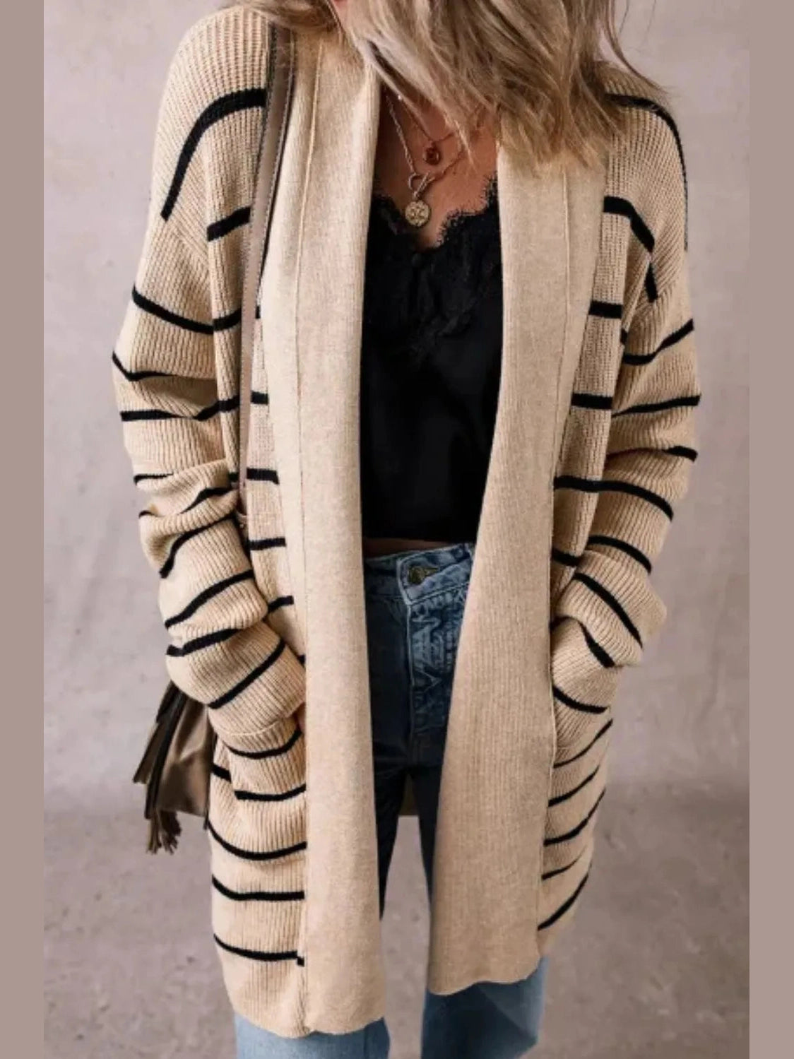 Striped Open Front Long Sleeve Cardigan NicholesGifts