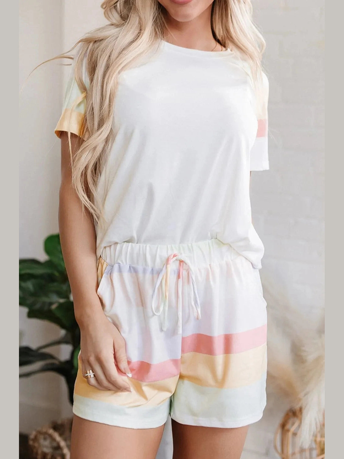 Rainbow Striped Round Neck T Shirt and Shorts Lounge Set nicholesgifts