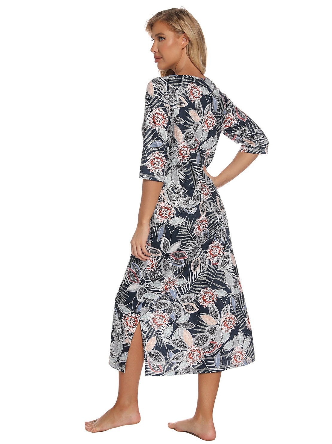 Printed Slit Night Dress with Pockets nicholesgifts