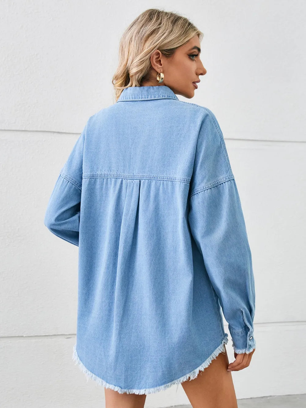 Distressed Raw Hem Dropped Shoulder Denim Jacket nicholesgifts