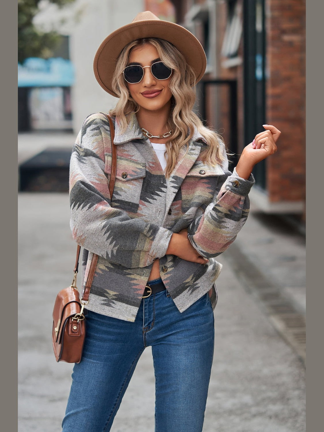 Printed Collared Neck Jacket nicholesgifts