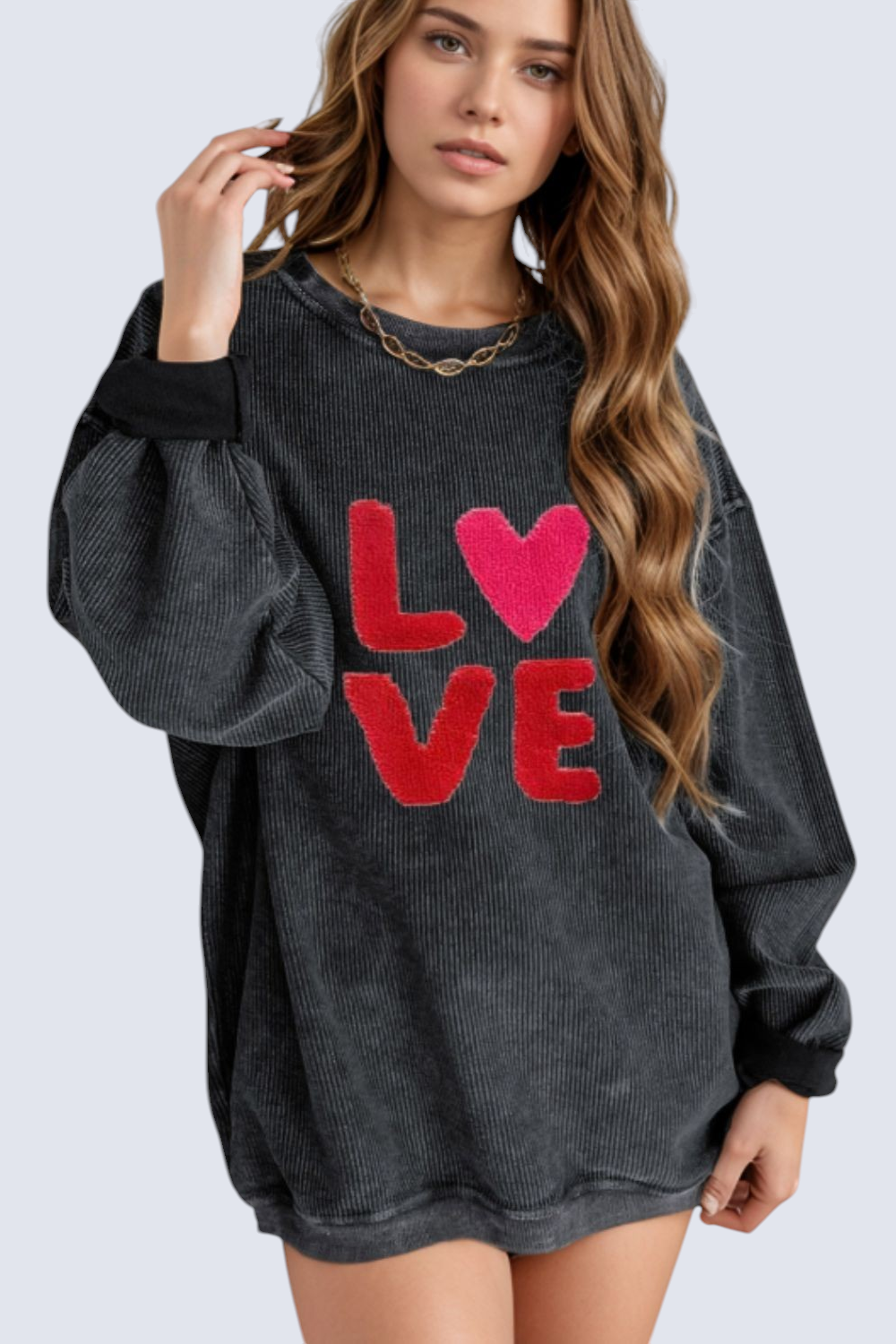 Women Valentine’s Day LOVE Round Neck Long Sleeve Sweatshirt NicholesGifts