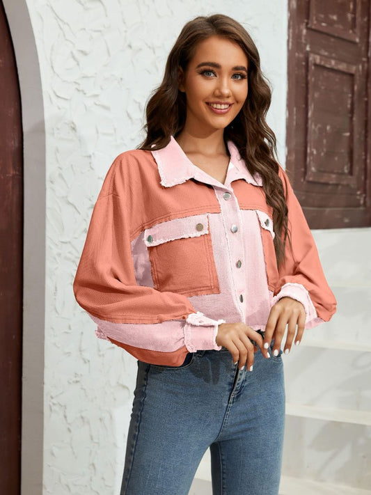 Color Block Crop Jacket with Pockets nicholesgifts