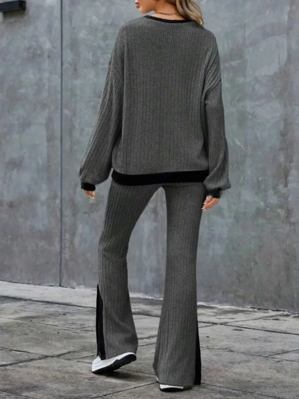 Contrast Round Neck Long Sleeve Top and Bootcut Pants Set nicholesgifts