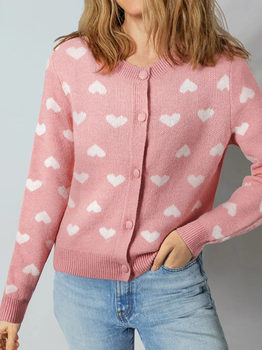 Women Heart Pattern Button Front Cardigan Valentine's Day Sweater nicholesgifts