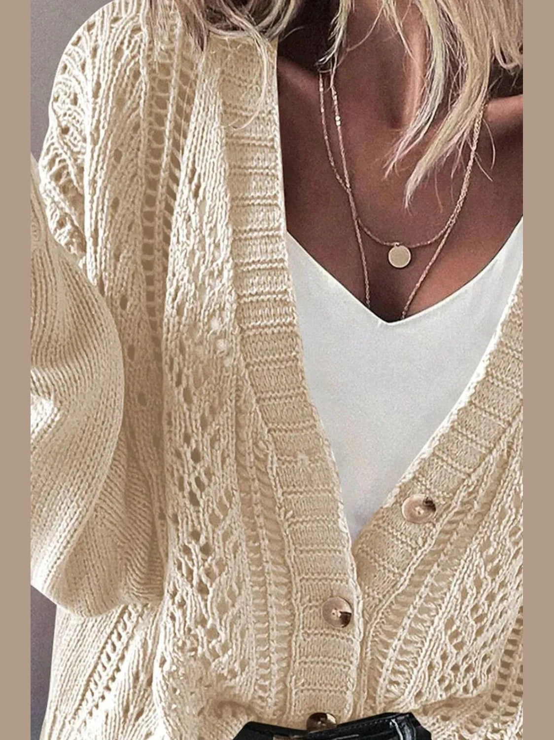 Openwork Button Up Long Sleeve Cardigan NicholesGifts